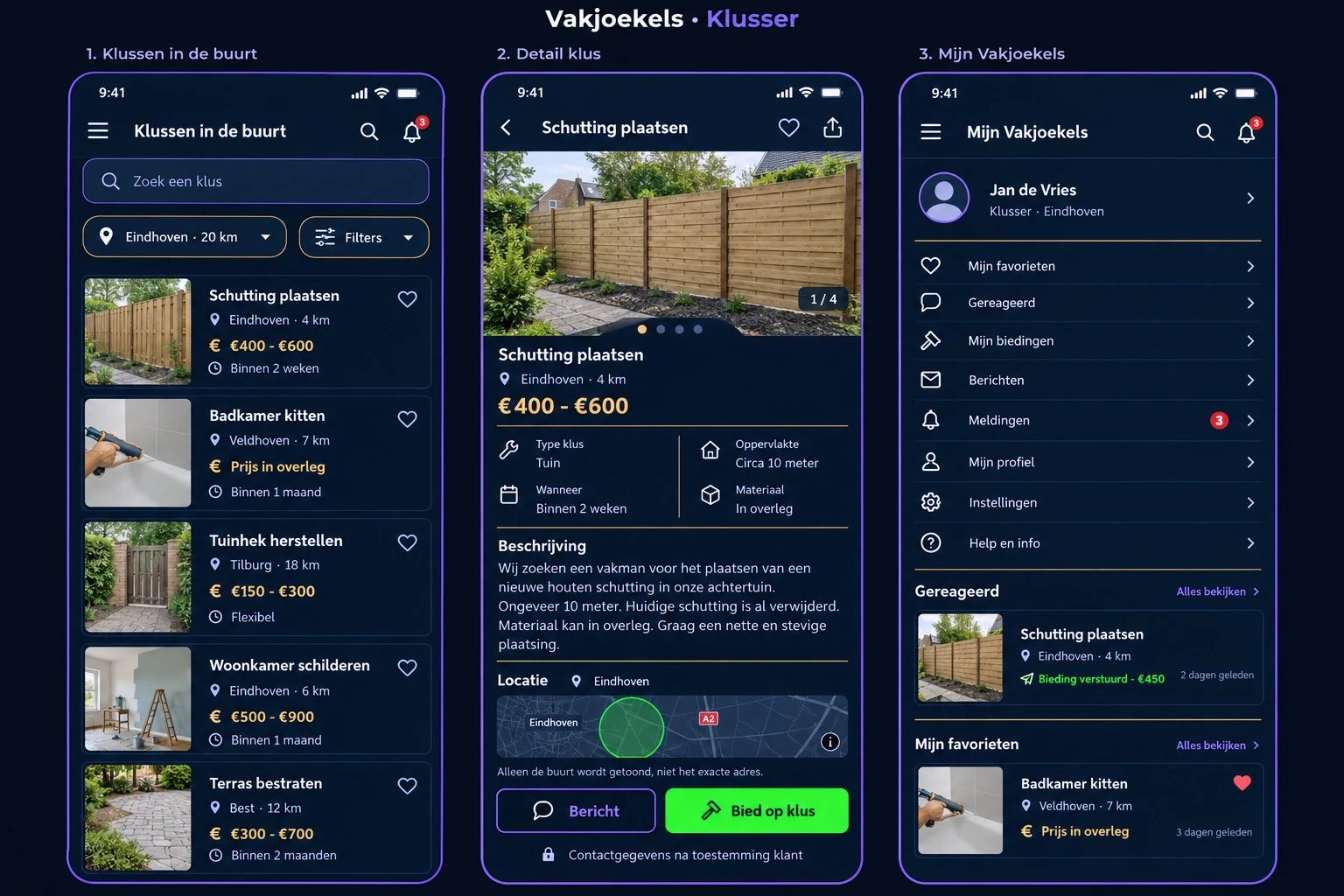Vakjoekels vakmanapp: Klussen in de buurt, Detail klus en Mijn Vakjoekels