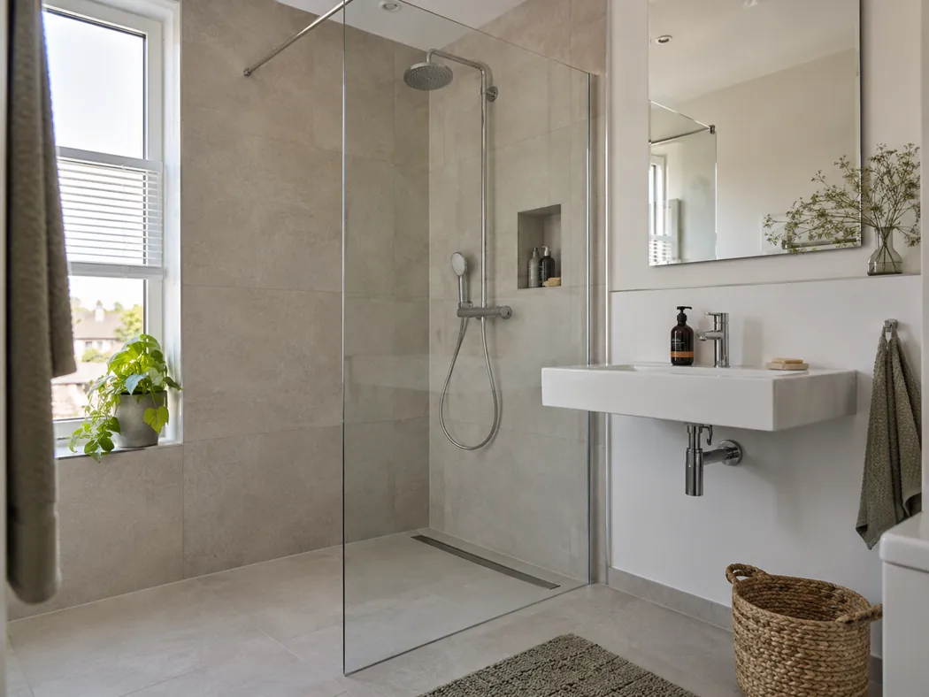 Badkamer met douche, tegelwerk en wastafel