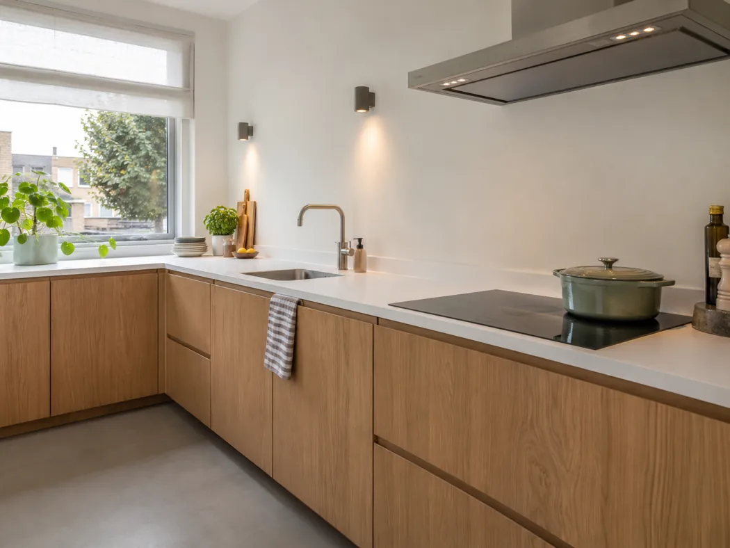 Keuken met gemonteerde kasten, werkblad en apparatuur