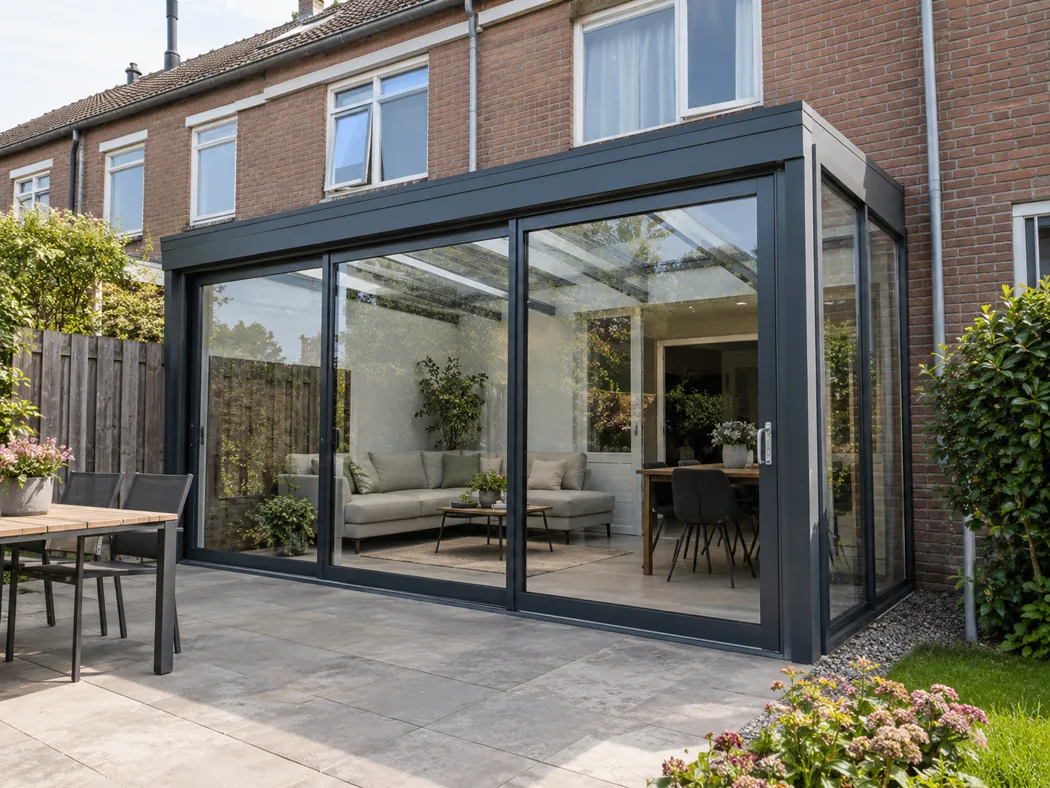 Glazen pui en kozijnen bij een woning