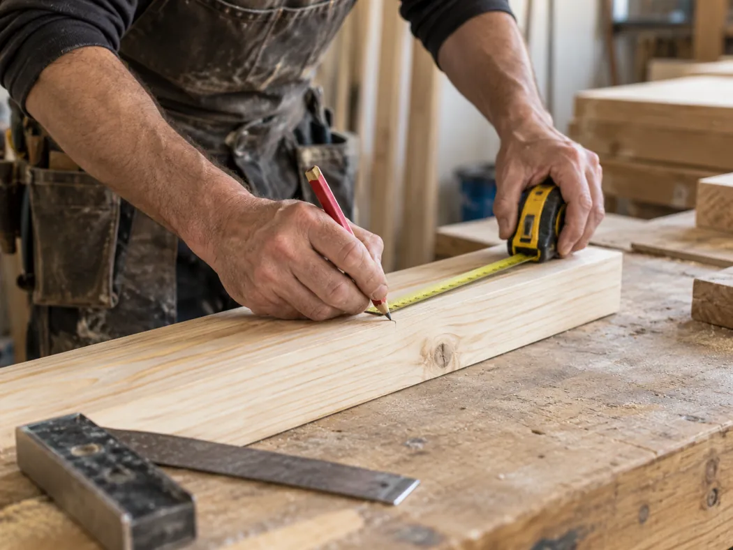 Vakman tekent een houten werkstuk af met meetgereedschap