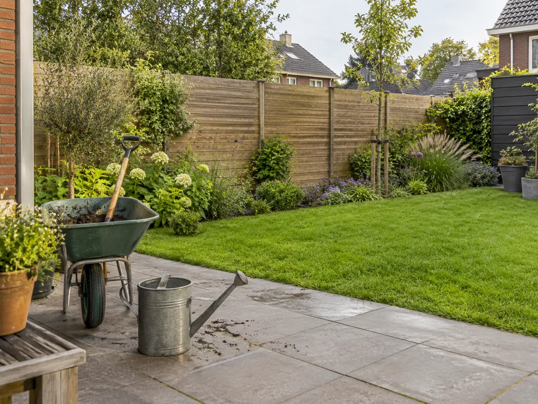 Tuin met schutting, groene beplanting en een terras