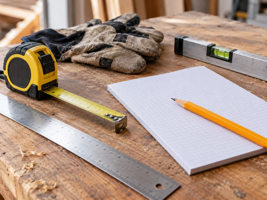 Meetlint, potlood en handgereedschap op een werktafel
